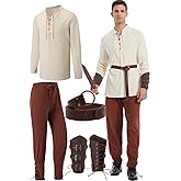 FEAADNI 5 Pcs Halloween Men's Renaissance Costume Medieval Pirate Shirt and Pants Viking Costume Accessory Set