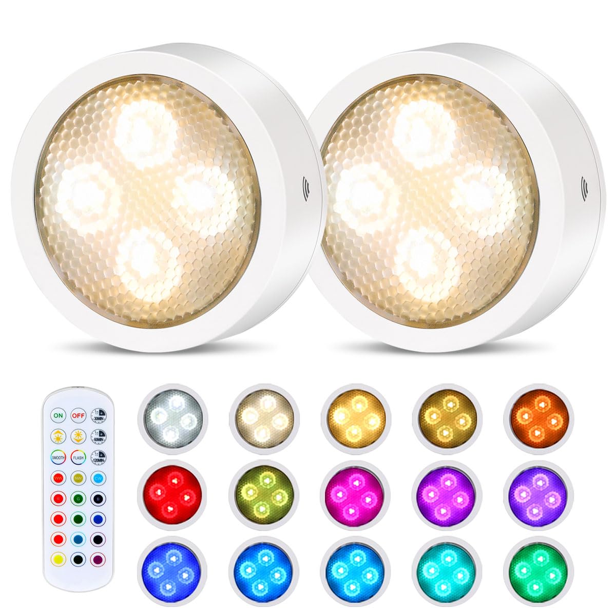 Photo 1 of Puck Lights with Remote Timer, Under Cabinet Kitchen Lights Battery Operated LED Lights, Stick on Shelf Lights Wireless Counter Lights, RGB Color Changing Display Lights, 2 Pack White