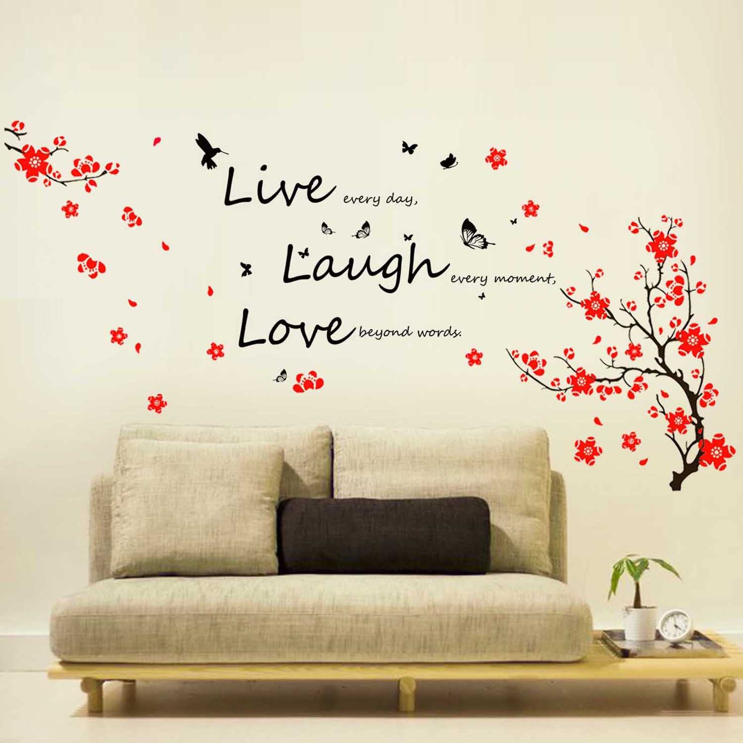 WALPLUS Wall Stickers Flower Blossom Butterflies + Live Laugh Love Motivation Inspiration Quotes Mural Art Self-Adhesive Decals Vinyl Home DIY for Living Bedroom Office Decor Kids Room