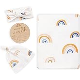 BabyWhale Muslin Swaddle Blanket with Hat and Headband Bow, Rainbow Pattern Swaddle Set for Baby Boys & Girls, Newborn Soft Breathable Unisex Receiving Blanket Wrap, 47x47 inches