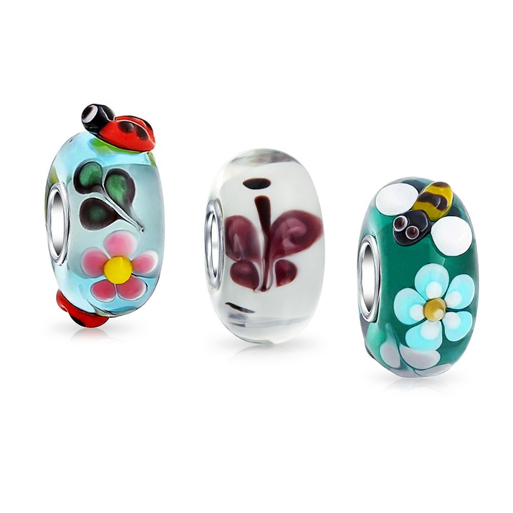 Mixed Garden Insect Set Bundle .925 Sterling Silver Core Translucent Multi Color 3D Lamp work Murano Glass Ladybug Butterfly Bumble Bee Charm Bead Spacer Fits European Bracelet For Women Teen