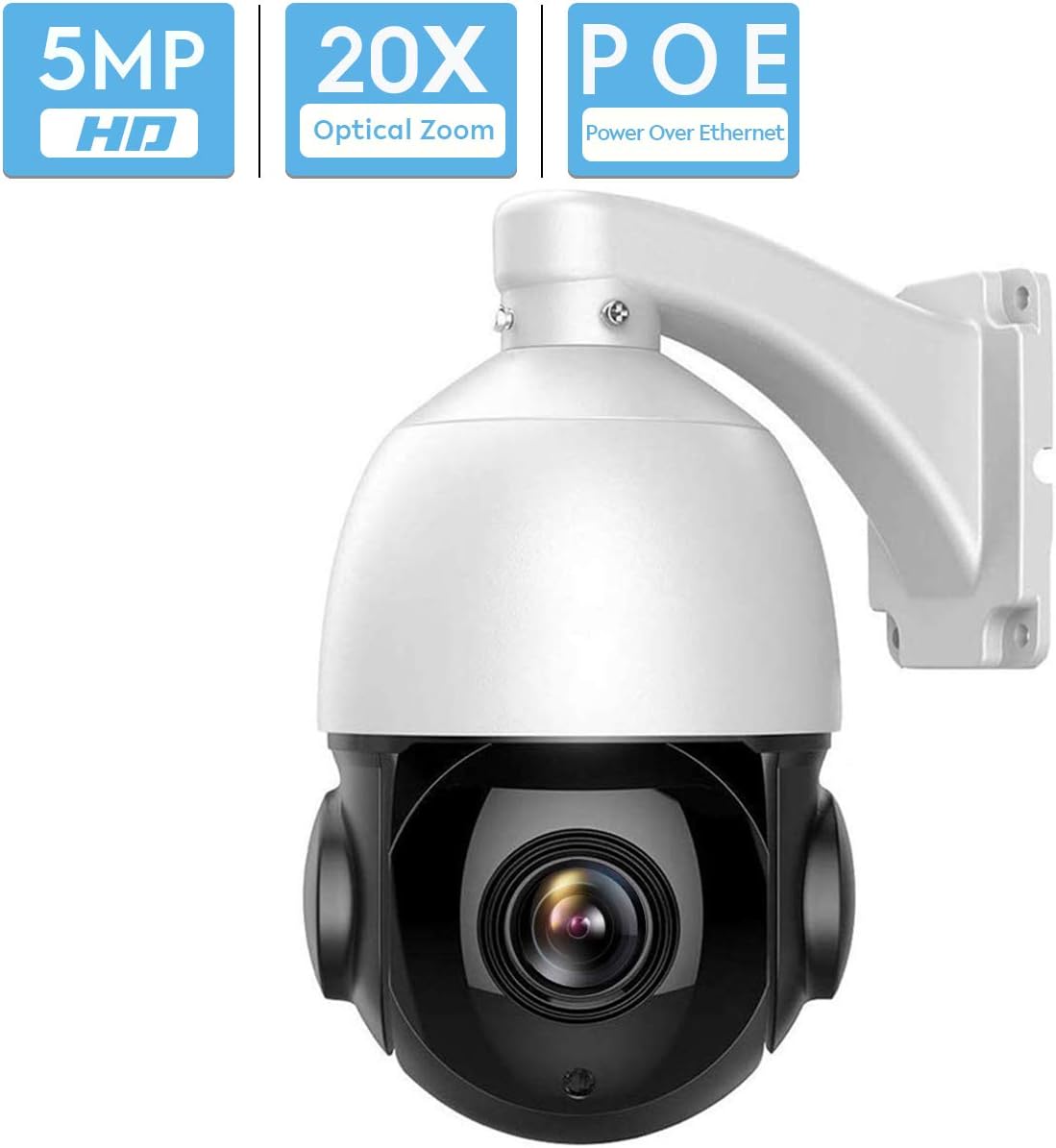 5MP IP POE PTZ Security Camera,2592x1944P Super HD,360° Pan 90° Tilt 20X Optical Zoom Autofocus,164ft IR, IP66 Waterproof,ONVIF