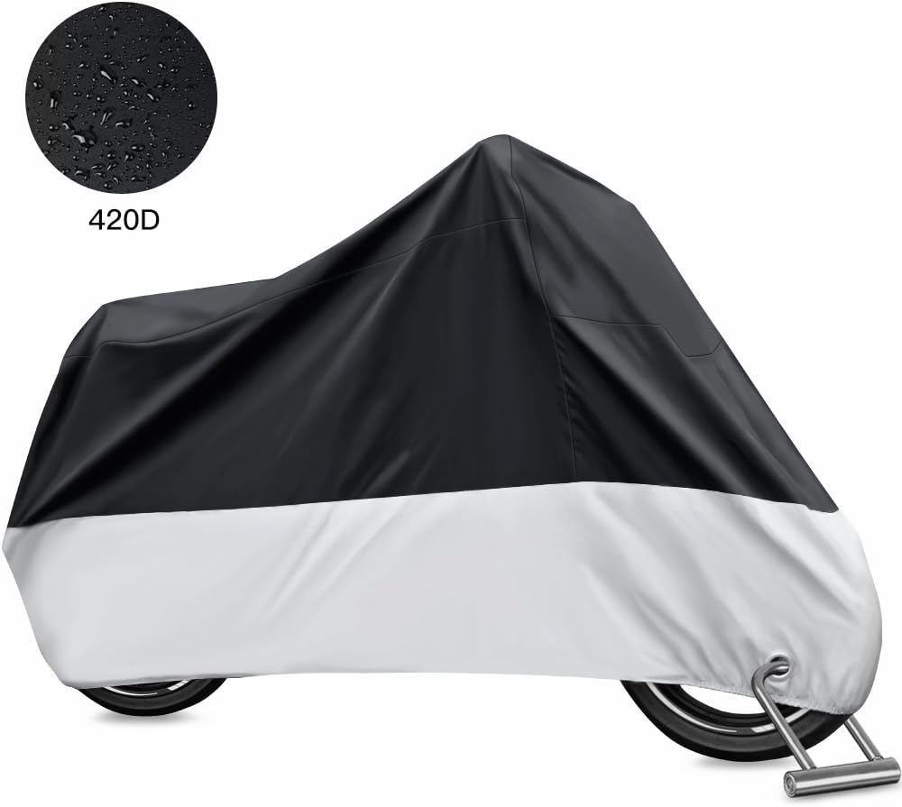 Oyeye Motorcycle Cover, All Season Waterproof Outdoor Protection, 420D Oxford Durable & Tear Proof, Fits up to 116" Motors Like Honda, Suzuki, Yamaha, Harley Davidson and More (XXXXL)
