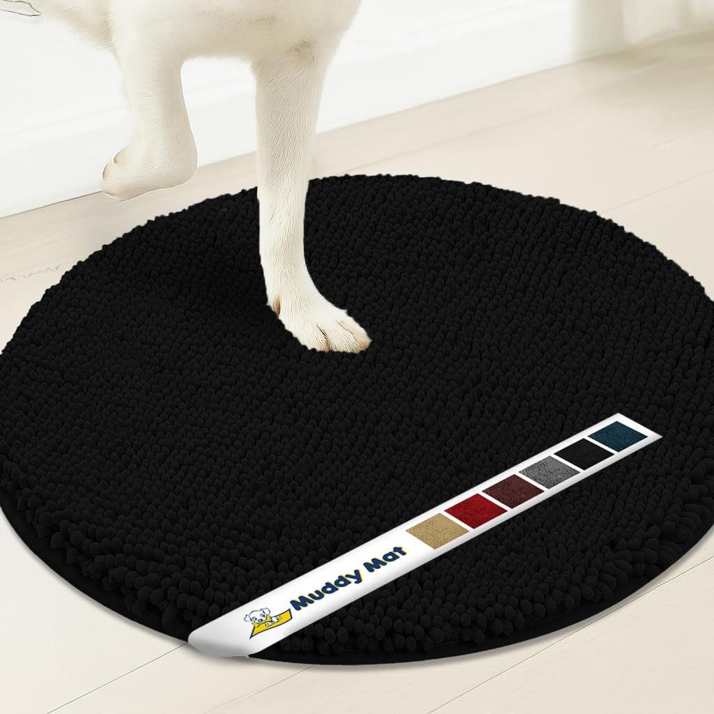 Photo 1 of Muddy Mat® Shown on TV – Super Absorbent Microfiber Dog Door Mat for Muddy Paws, Non-Slip Washable Pet Rug, Quick Dry Chenille Entryway Carpet, Machine Washable Indoor Outdoor Mat, Black Round 4ft