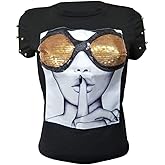 PESION Womens Short Sleeve T-Shirt Sequined Tops O-Neck Funny Graphic Tees Blouse
