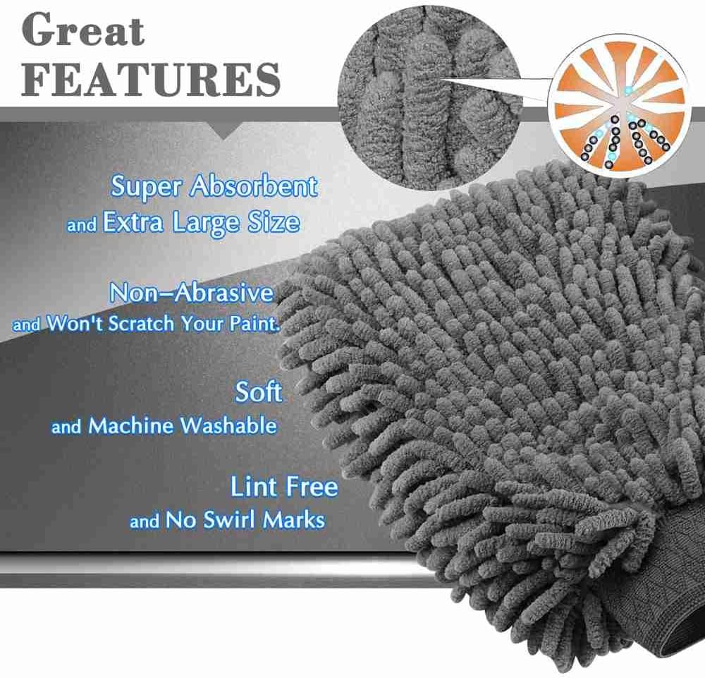 TAGVO Large Size Car Wash Mitt-Premium Chenille Microfiber Wash Glove and Microfiber Towels - Lint Free（2 Towels + 2 Mitts）: Automotive