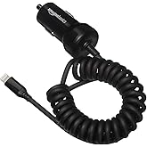 鶹 Basics 12W (5V, 2.4A) Fast Charging Car Charger with Coiled Lightning Cable for iPhone, iPad and Apple Devices, 1.5 ft