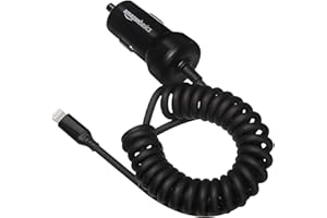 Amazon Basics 12W (5V, 2.4A) Fast Charging Car Charger with Coiled Lightning Cable for iPhone, iPad and Apple Devices, 1.5 ft - Black