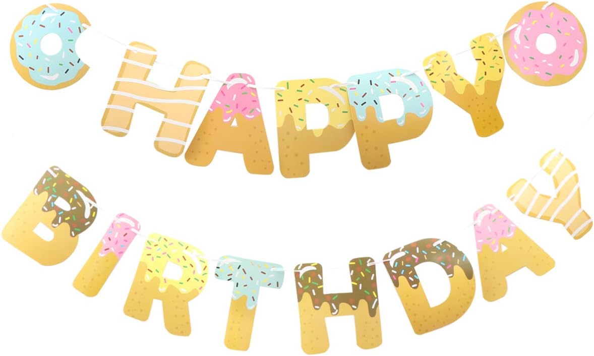 Amosfun 1pc Happy Birthday Donut Banner Letter Hanging Banner Doughnut Party Decoration for Valentines Day Children Birthday Baby Shower Party Decoration