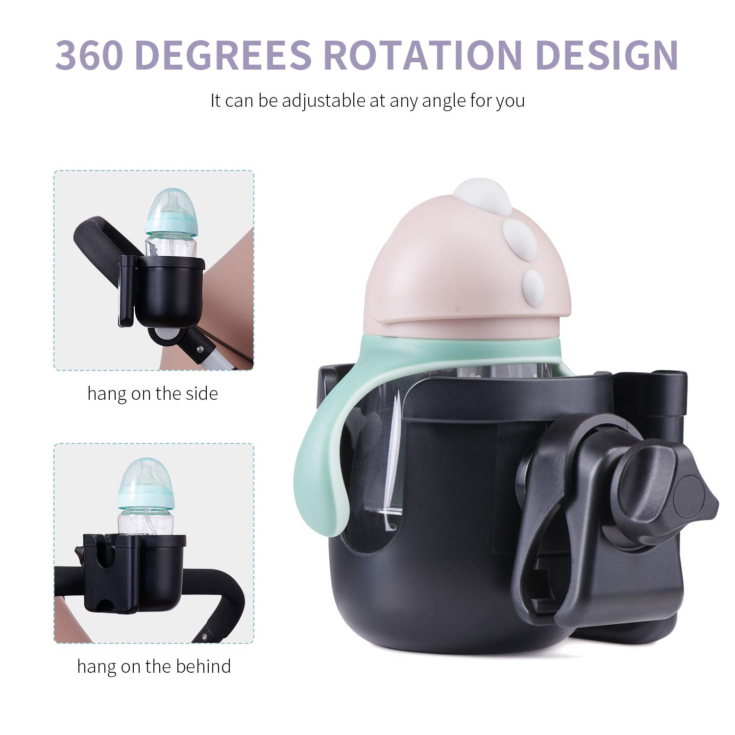SUNVENO Stroller Universal Cup Holder, 360 Degrees Rotation 2 in 1 Large Bottle Holder with Phone Holder for Stroller, Pushchair,Wheelchair, Walker, Black: Baby