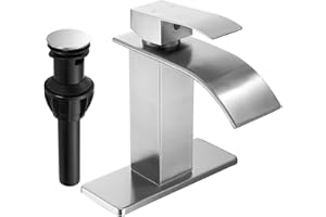 Fransiton Brushed Nickel Waterfall Bathroom Faucet Lavatory Single Handle 1 or 3 Hole Bathroom Sink Faucet Washbasin Faucet with Deck and Pop-up Drain