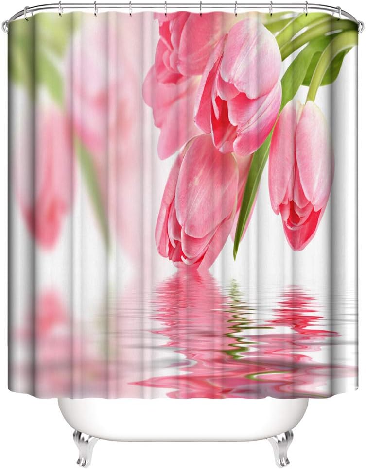 Amazon Com Shocur Floral Shower Curtain Pretty Pink Tulip And Clear Lake Water 72 X 72 Inches Love Theme Bath Curtain Polyester Fabric Bathroom Decor Set With 12 Hooks Kitchen Dining