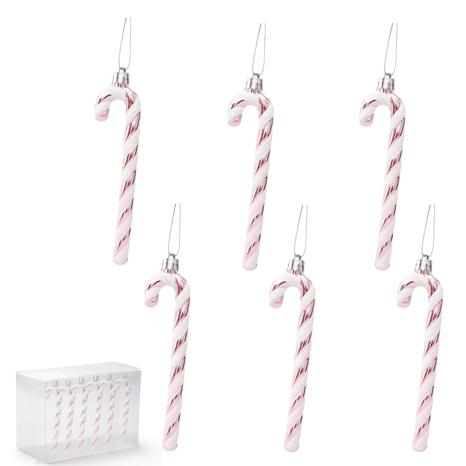 yayafunfun 6pcs Glitter Candy Cane Christmas Decoration for Xmas Tree Pendant Plastic Candy Cane for Christmas Ornaments (Pink)