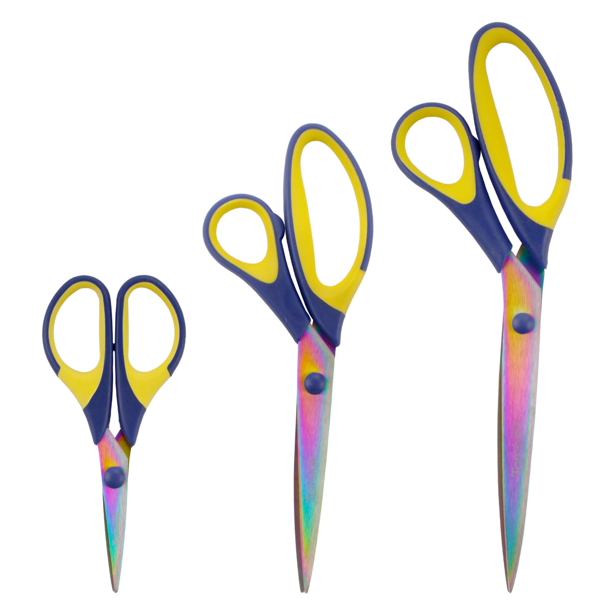 BambooMN Titanium Softgrip Scissors Set for Sewing Arts Crafts Office - Blue w/Yellow - 1 Set of 3