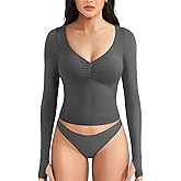 YEOREO Long Sleeve Workout Tops for Women Padded Deep V Neck Double Lined Impact Tops Agniee Slim Fit Gym Athletic Shirts