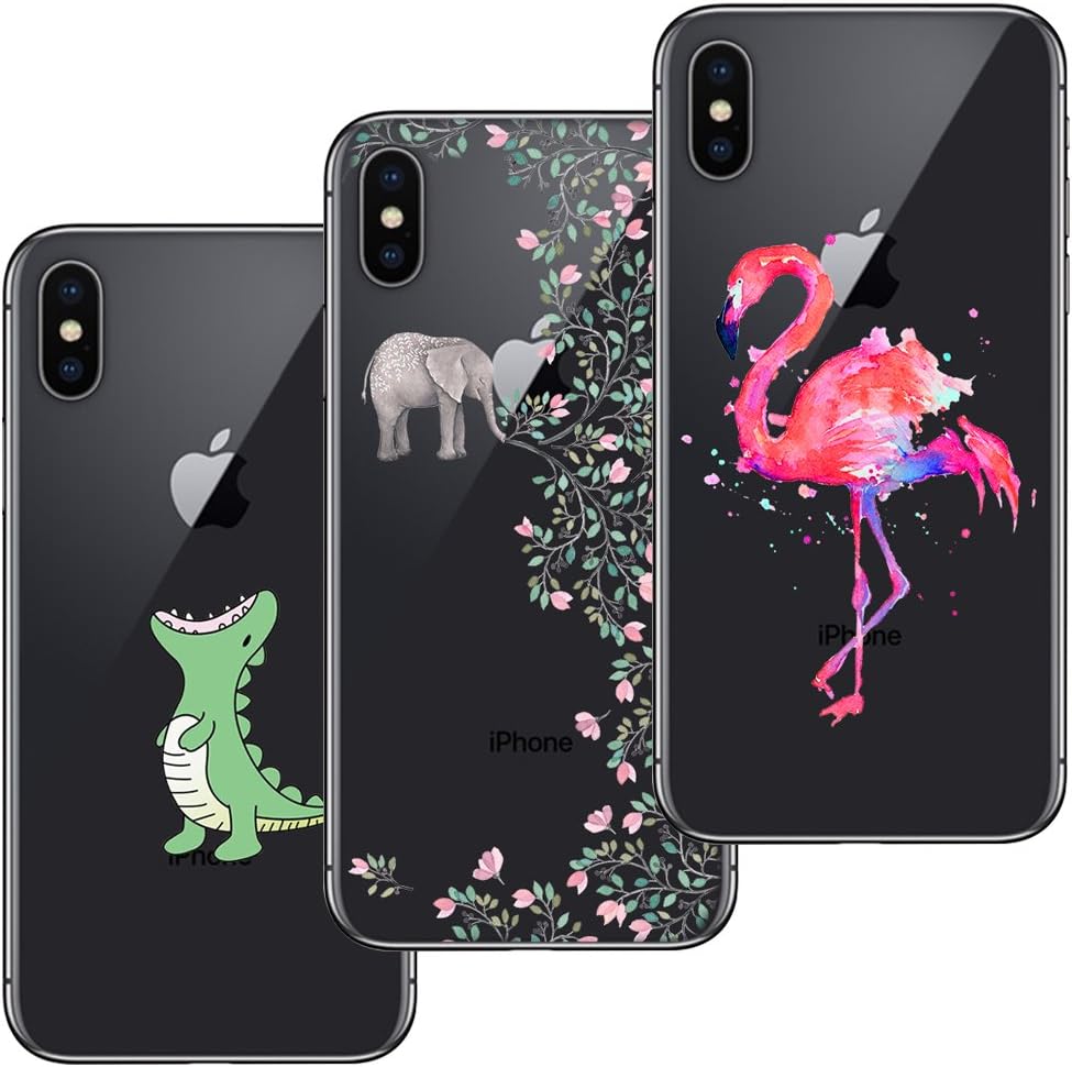 [3 Pack] Compatible with iPhone X / 10 Case, Ultra Thin Soft Gel TPU Silicone Case Cover with Cute Cartoon for iPhone X / 10 - Crocodile & Elephant Flowers & Flamingo