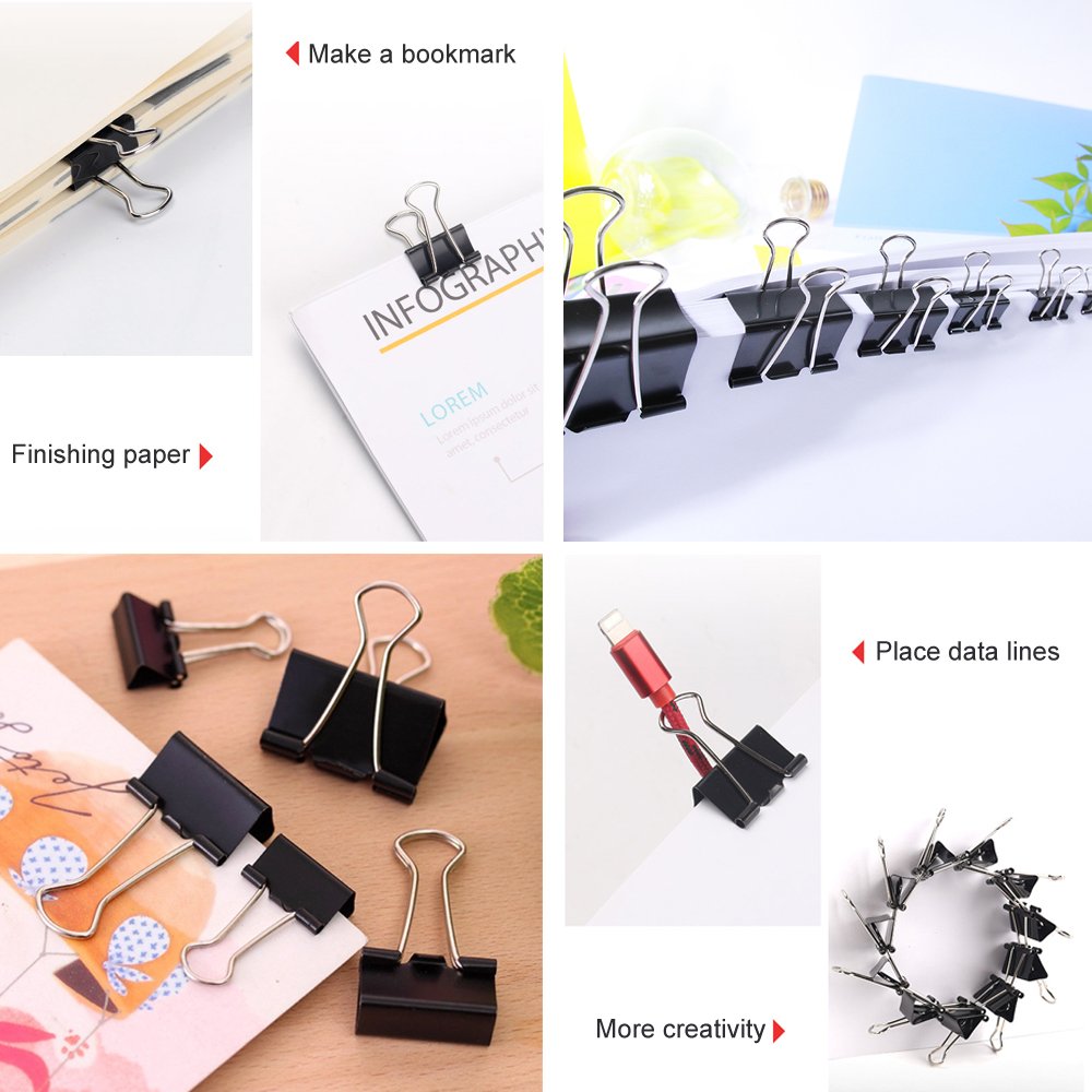 FICBOX 120 Pcs Black Binder Clips Paper Clamp - 6 Sizes