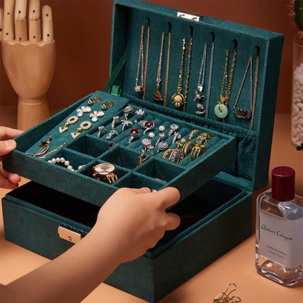 Coqlycot Jewellery Box Organiser with Lock for Necklace Earrings Bracelets Rings Double Stackable Layer, Removal Tray - Image 4