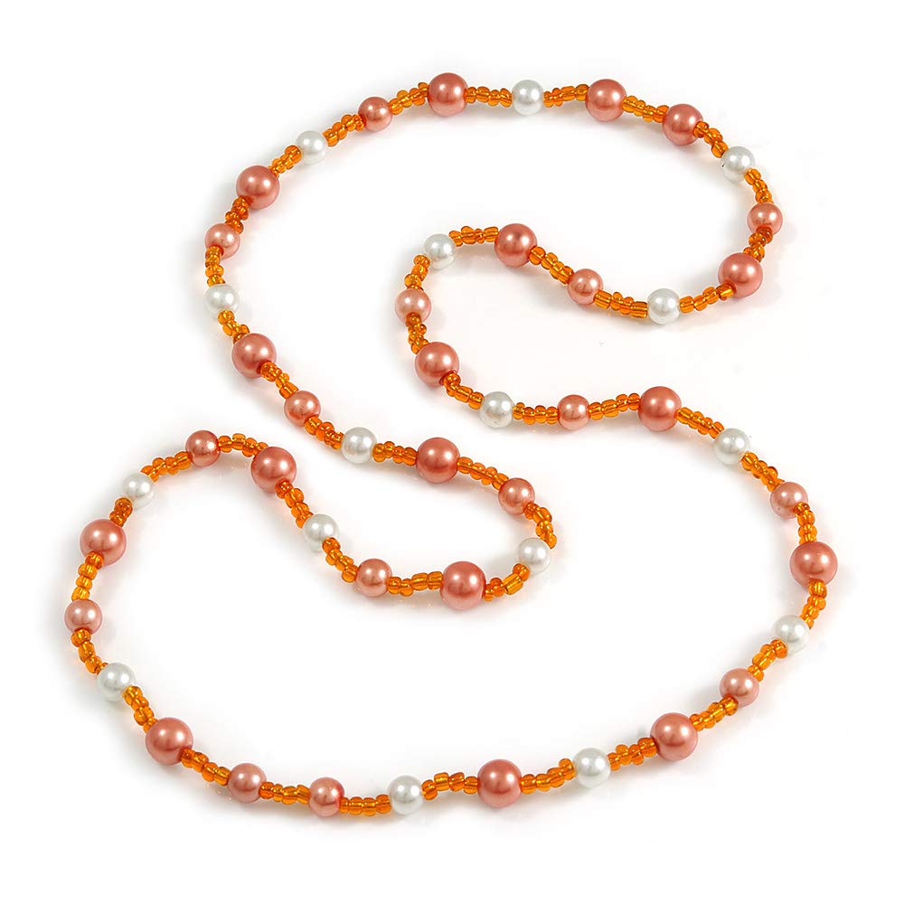 Avalaya Classic Peach Orange/White Glass Bead Long Necklace/ 84cm L