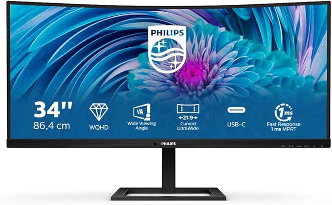 Philips 346E2CUAE Monitor Gaming 34" UWQHD, 21:9 con USB-C, 3440 * 1440, Adaptive Sync, 100Hz, 1ms, 300cd/m2, Display Port, Hdmi, Hub USB, Speakers Integrati, Multiview, Ergonomico, Vesa, Nero