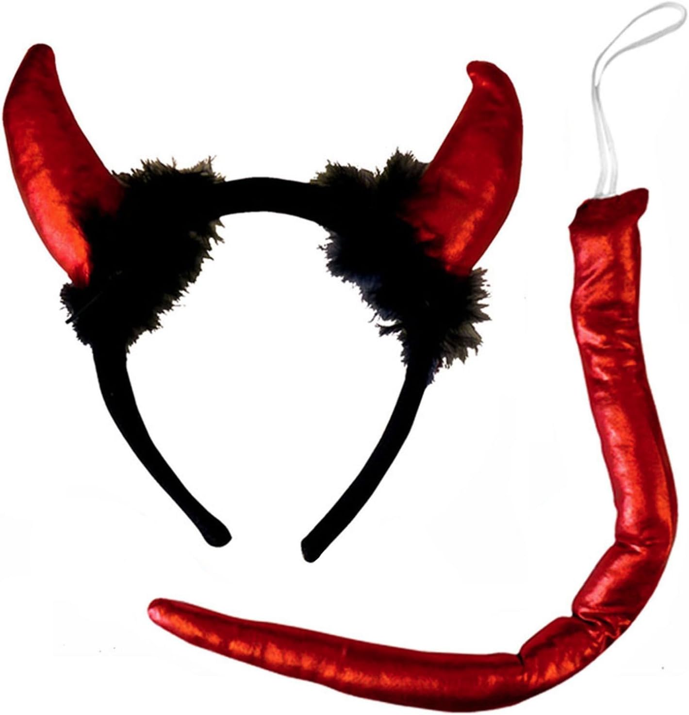 Red Shiny Devil Horns and Tail Set Halloween Costume Accessory (Black Band)