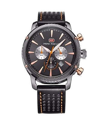 Minifocus Japanese Quartz Genuine Leather Real Chronograph Waterproof Wrist Watch for Men - 0010 Black