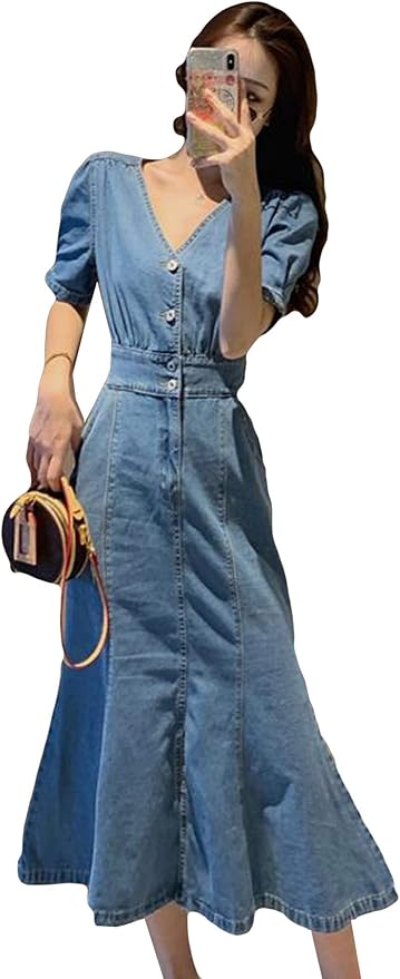 Amazon Alhylaデニムワンピース レディース 復古風 パフスリープ ロングワンピース デニム 女性 夏服 ハイウエスト スリム マーメイドスカート エレガント セクシー 韓国 ストリート系 ワンピース チュニック 通販