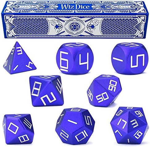 Wiz Dice Set of 8 Masterwork Precision Aluminum Polyhedrals with Laser-Etched Strongbox Choose from 8 Anodized Colors (Cobalt)
