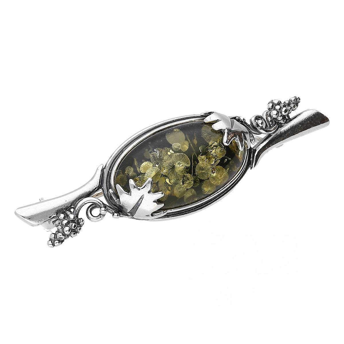 Victorian Foliate Oxdisied Oval Silver Brooch Pin/Clip in Green Amber in Vintage Style for Women Ladies - 925 Sterling Silver - Amber Jewellery for Women