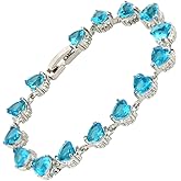 RIZILIA HEARTS Tennis Bracelet & Heart Cut CZ [Simulated Aquamarine] in White Gold Plated, 7"