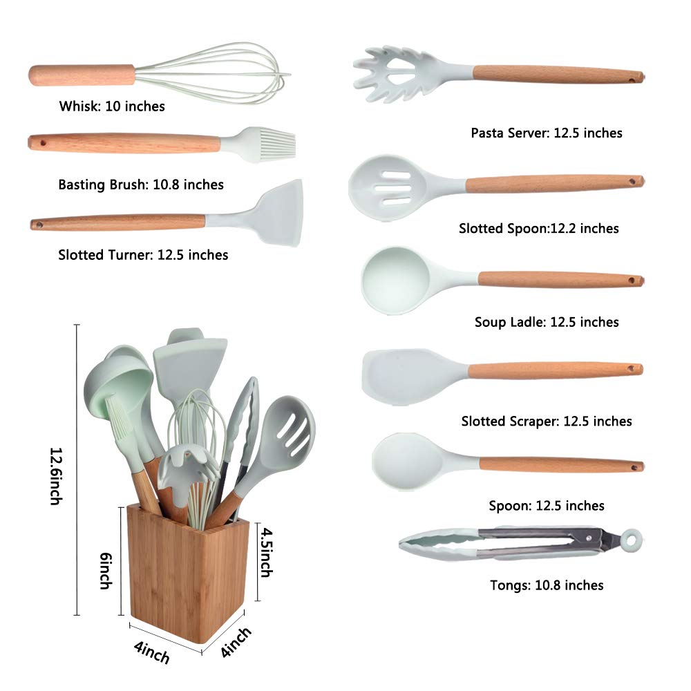 Silicone Cooking Utensils with Holder, Kitchen Utensil Set,Yostyle 9-Piece Cooking Utensils & Spatulas Set with Bamboo Wood Handles for Nonstick Cookware, Utensils Holder Included(BPA Free)