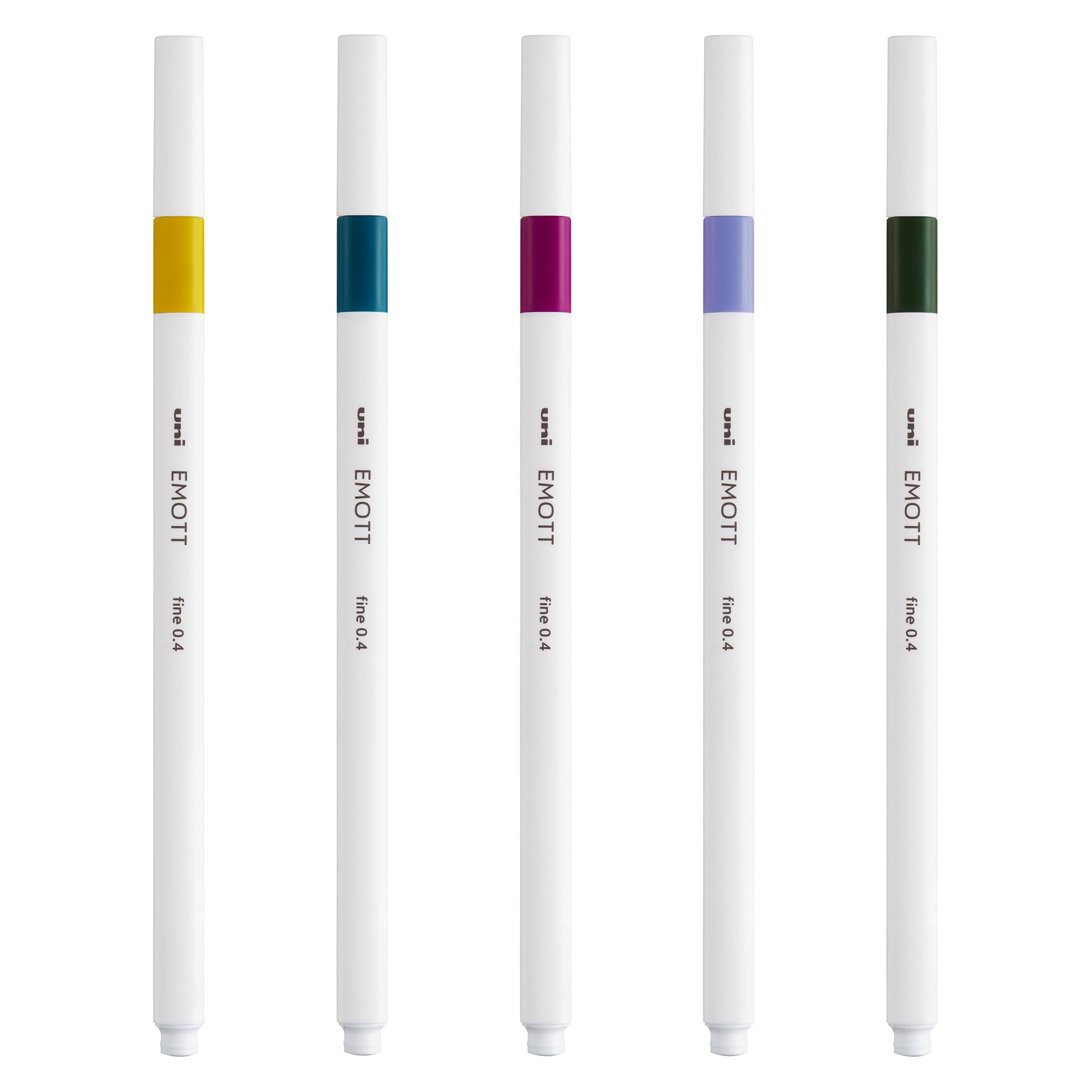 uni-ball On Point “Attain”, EMOTT Coloured Pens 5 Pack in Violet, Khaki Green, Amethyst, Blue Green and Straw Yellow