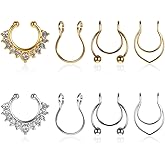 Tucnoeu 8 Pcs Fake Septum Ring, Fake Nose Ring Hoop, Stainless Steel Faux Septum Piercings, Clip on Lip Rings, Faux Nose Rings for Women Men Non Piercing Noses Jewelry