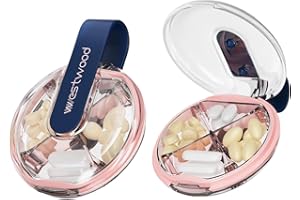 Small Pink Pill Organizer with Blue Decorative Strap, 4 Compartments, Compact Stylish Cute Travel Camping Pill Box Daily Medi