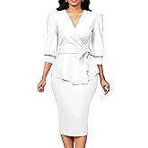 Yiershu Church Dresses for Women 2025 Sexy V-Neck 3/4 Sleeve Peplum Business Dress for Women