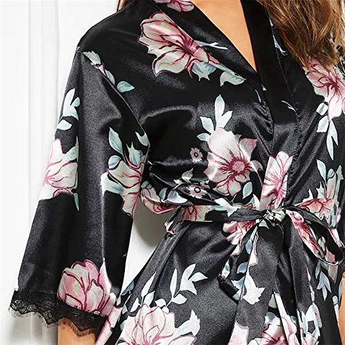 CofeeMO Women's Floral Print Kimono Silk Satin Pajamas,Fashion Lace Half Sleeve Ladies Long Sleepwear(Black,M)
