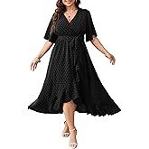 SCOMCHIC Women's Plus Size Summer Dresses Short Sleeve Wrap V Neck Swiss Dot Boho High Low Split Ruffle Maxi Dress
