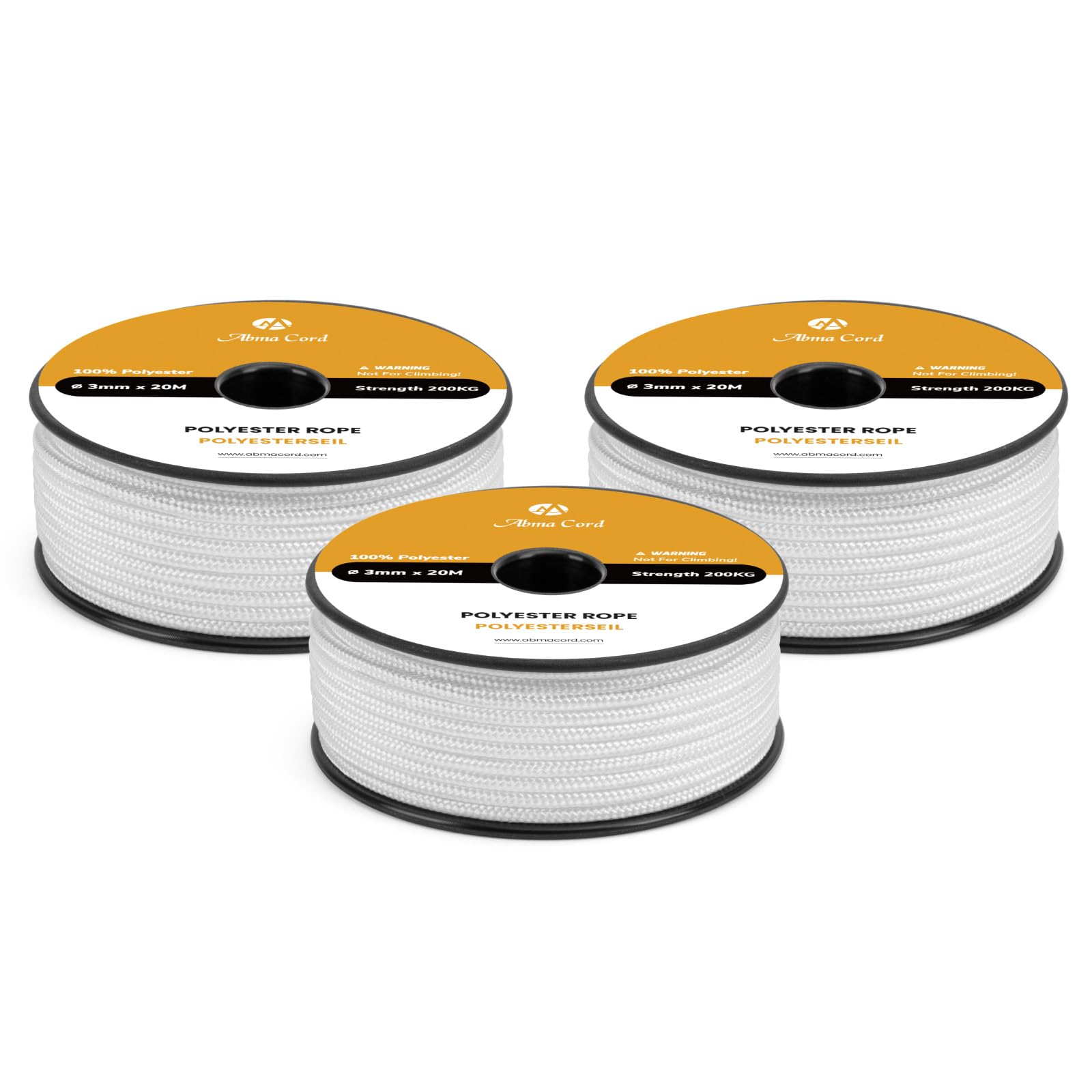 Abma Cord Polyester Cord 3mm x 20m Braid Polyester Rope, White - Heavy Duty & Low Stretch - High UV & Abrasion Resistance