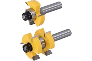 2Pcs Tongue and Groove Router Bits Set, 1/2" Shank 3 Teeth 2 Bearing Adjustable T Shape Routers for Flooring Cupboard Cutting