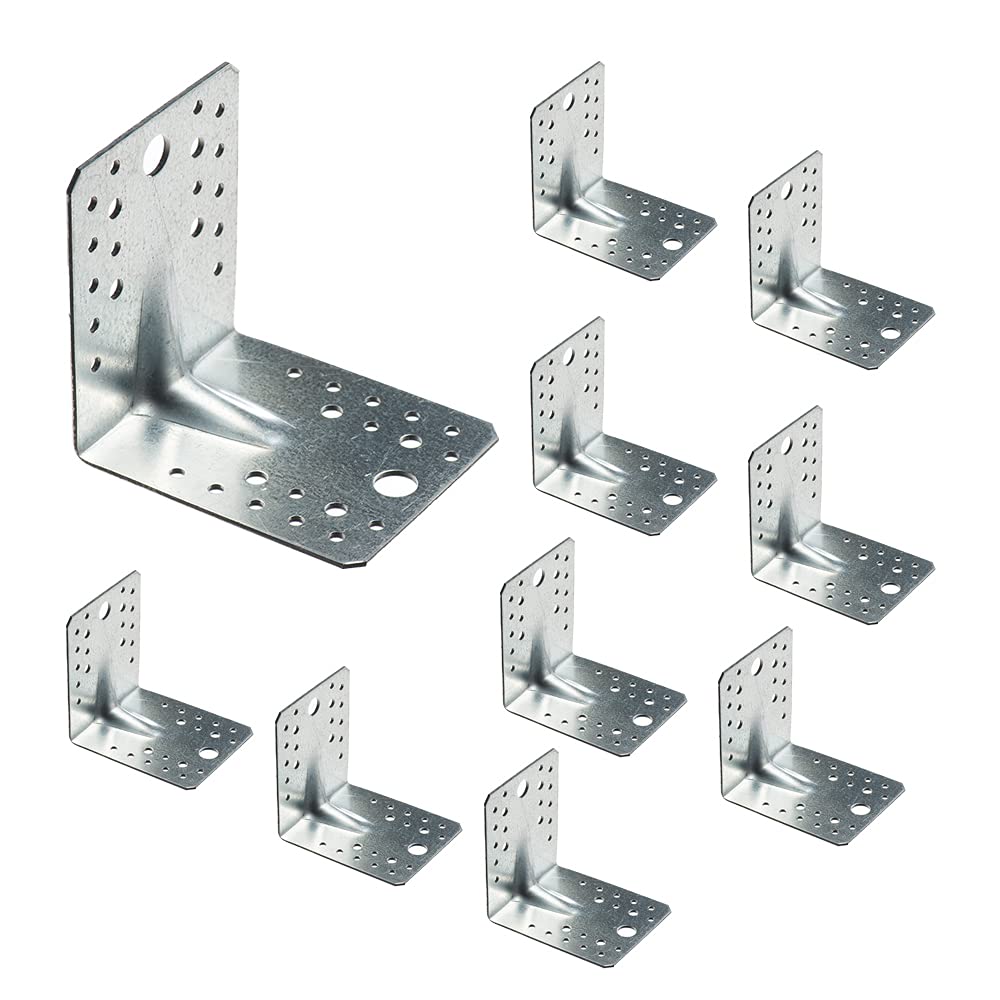 VHG Heavy Duty Angle Brackets - Pack of 10 (105 x 105 x 90 x 2.5) Metal L Shape Braces with Beading, Galvanised Steel Sheet 90 Degree Reinforced Fixing Connectors