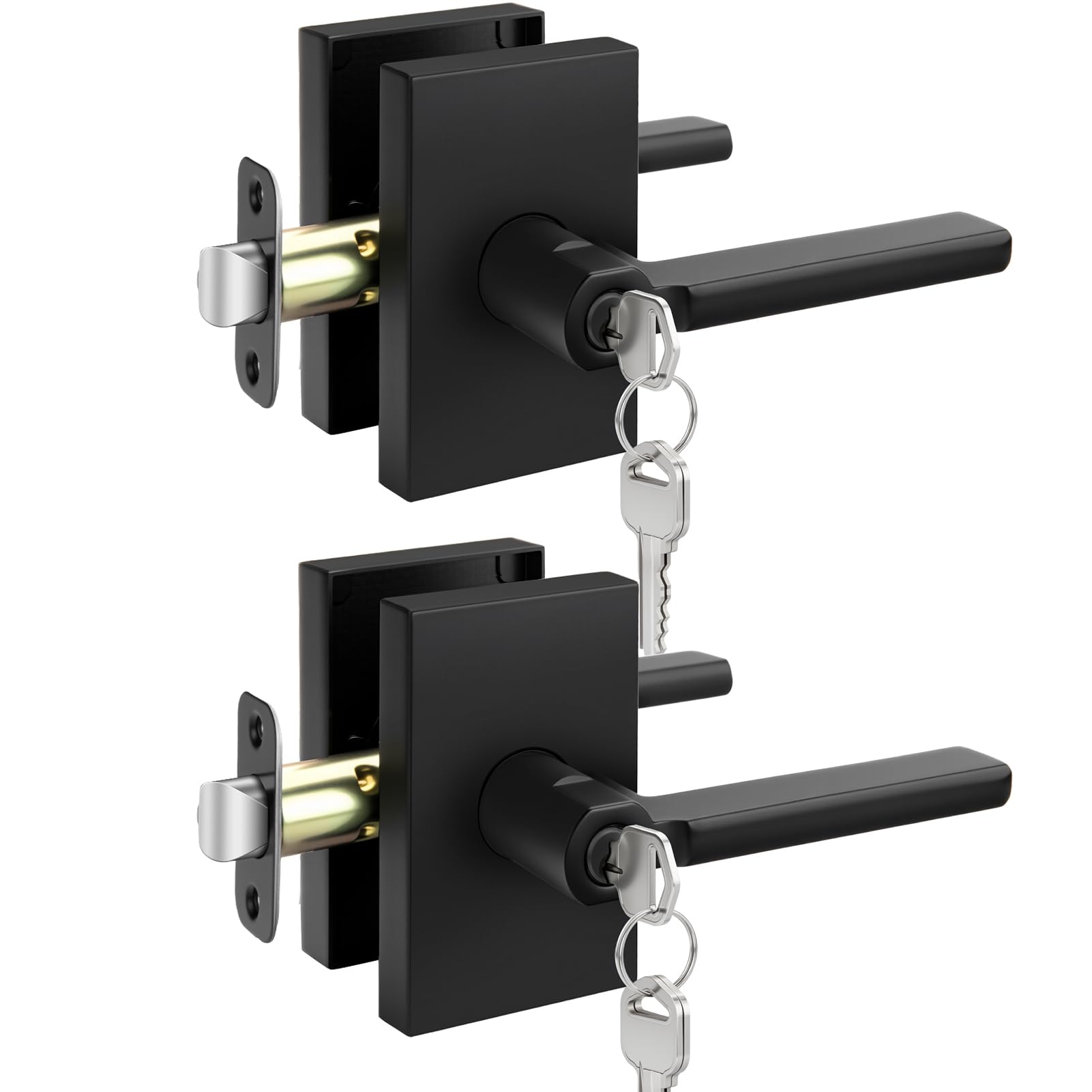 Photo 1 of Goldenwarm Black Door Handle with Lock and Key, Square Matte Black Exterior Door Handle, Heavy Duty Zinc-Alloy Keyed Entry Door Lock with Key - 2 Pack