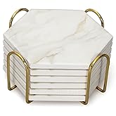 Dksyee 6Pcs White Marble Coaster Set with Holder Hexagon Ceramic Coasters Absorbent Coasters Drink Coasters Set for Coffee Table Bar Coasters Wine Coasters Modern Coasters Beer Coasters Cup Coasters