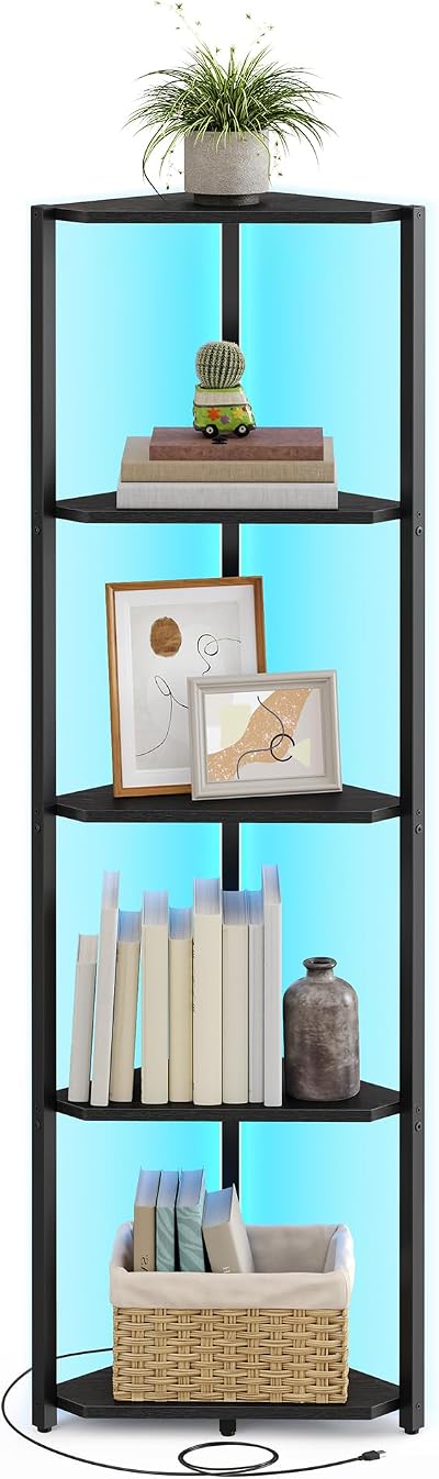 VASAGLE 5-Tier Corner Shelf with Adjustable LED Lights Ebony Black LBC590B02