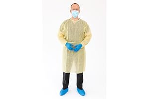 LonX Premium Isolation Gown, SMS Disposable Robe with Neck, Waist Ties, and Elastic Cuff, Large/Universal, Yellow, Pack of 10