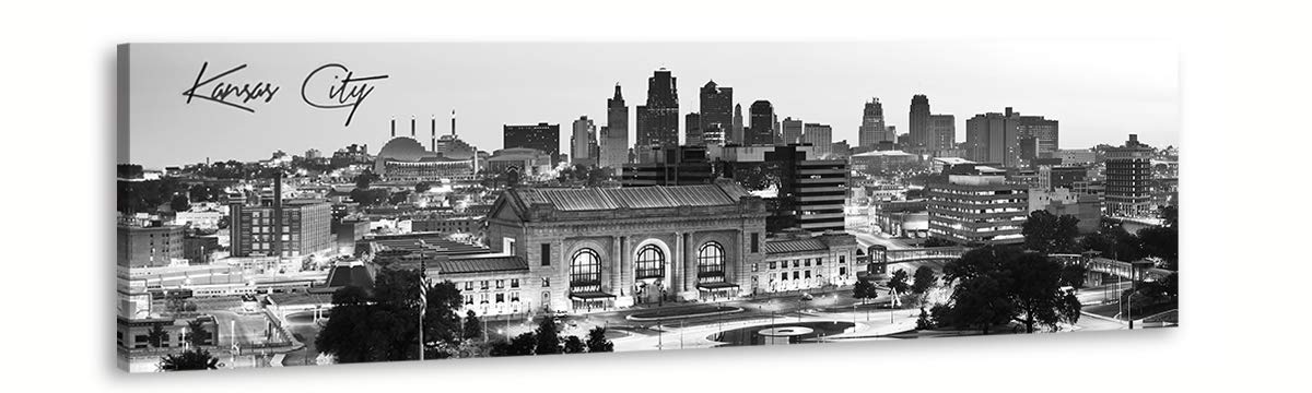 DJSYLIFE- Black and White Panoramic Kansas City Cityscape Picture Wall Decor Stretched Canvas Art Prints for Bedroom or Office, Framed and Ready to Hang, 13.8"x47.3"