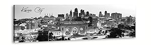 DJSYLIFE- Black and White Panoramic Kansas City Cityscape Picture Wall Decor Stretched Canvas Art Prints for Bedroom or Office, Framed and Ready to Hang, 13.8"x47.3"