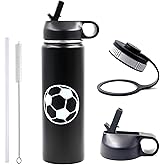 22 oz Soccer Water Bottle with Straw, Sports Flask Metal Travel Tumbler with 2 Lids, BPA Free Stainless Steel Double Wall Vacuum Insulated Leak Proof Thermo Water Bottles, Soccer Gifts for Boys Girls