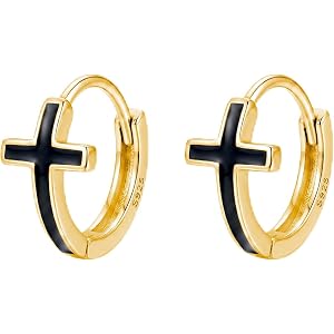 Reffeer Solid 925 Sterling Silver Cross Hoop Earrings for Women Teen Black Cross Earrings Hoops Minimalist Earrings