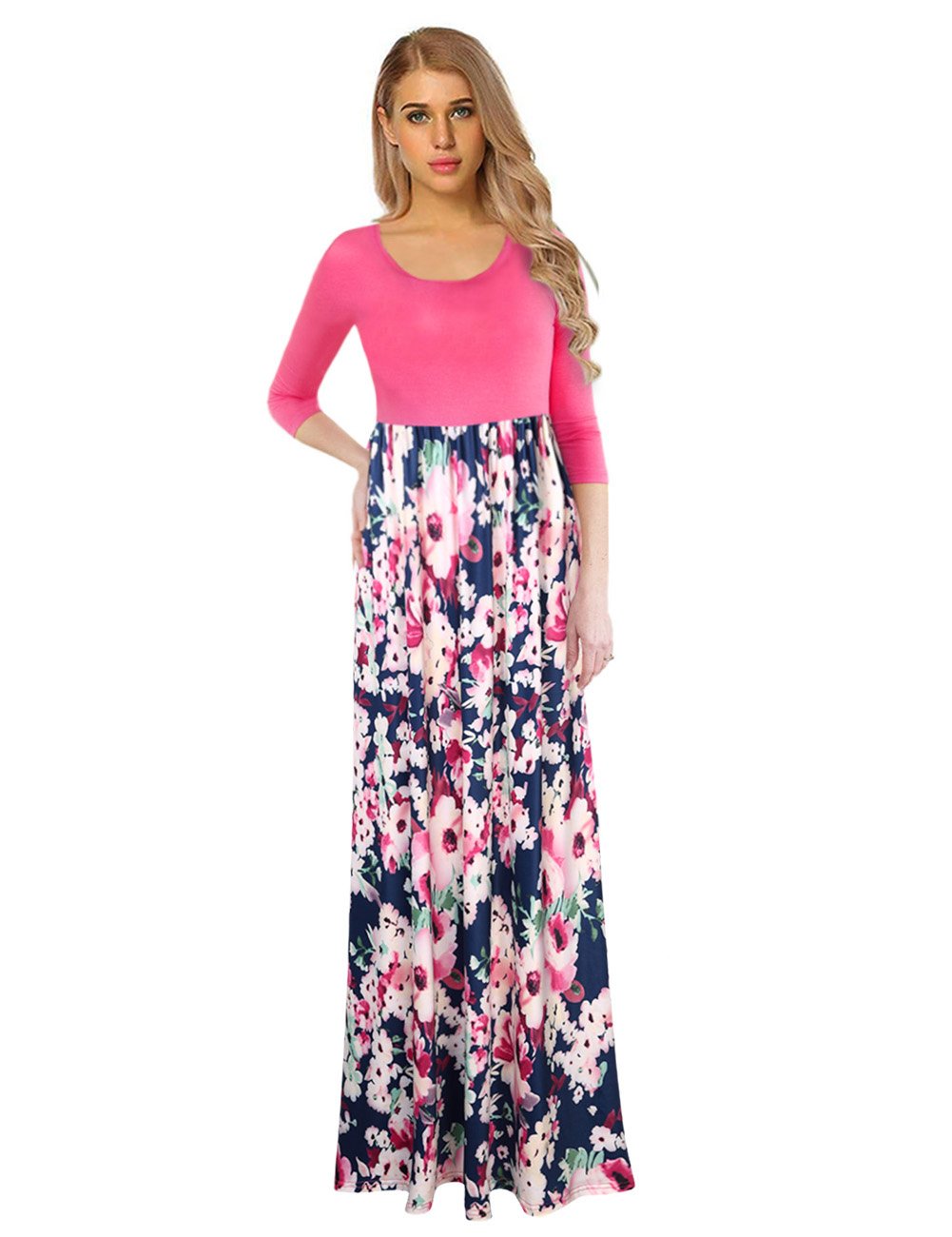 GloryStar Women\'s Maxi Dress Floral Printed Autumn 3/4 Sleeve Casual Tunic Long Wrap Dress Pink XL