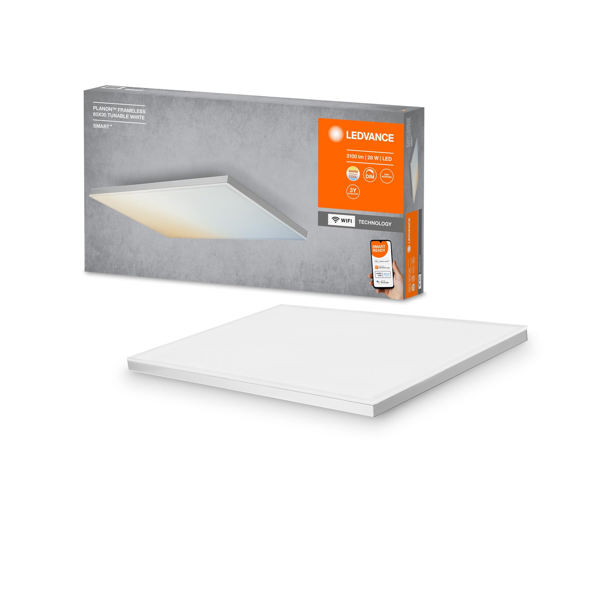 LEDVANCE Smart LEDCeiling Luminaire, Indoor Panel with WiFi Technology, Tunable White (3000K-6500K), 600 mm X 300 mm, Compatible with Google and Alexa Voice Control, Smart+ WiFi ORBIS Frameless